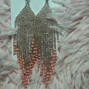 Silver & Blush Beaded Fringe Earrings | Elegant Statement Earrings